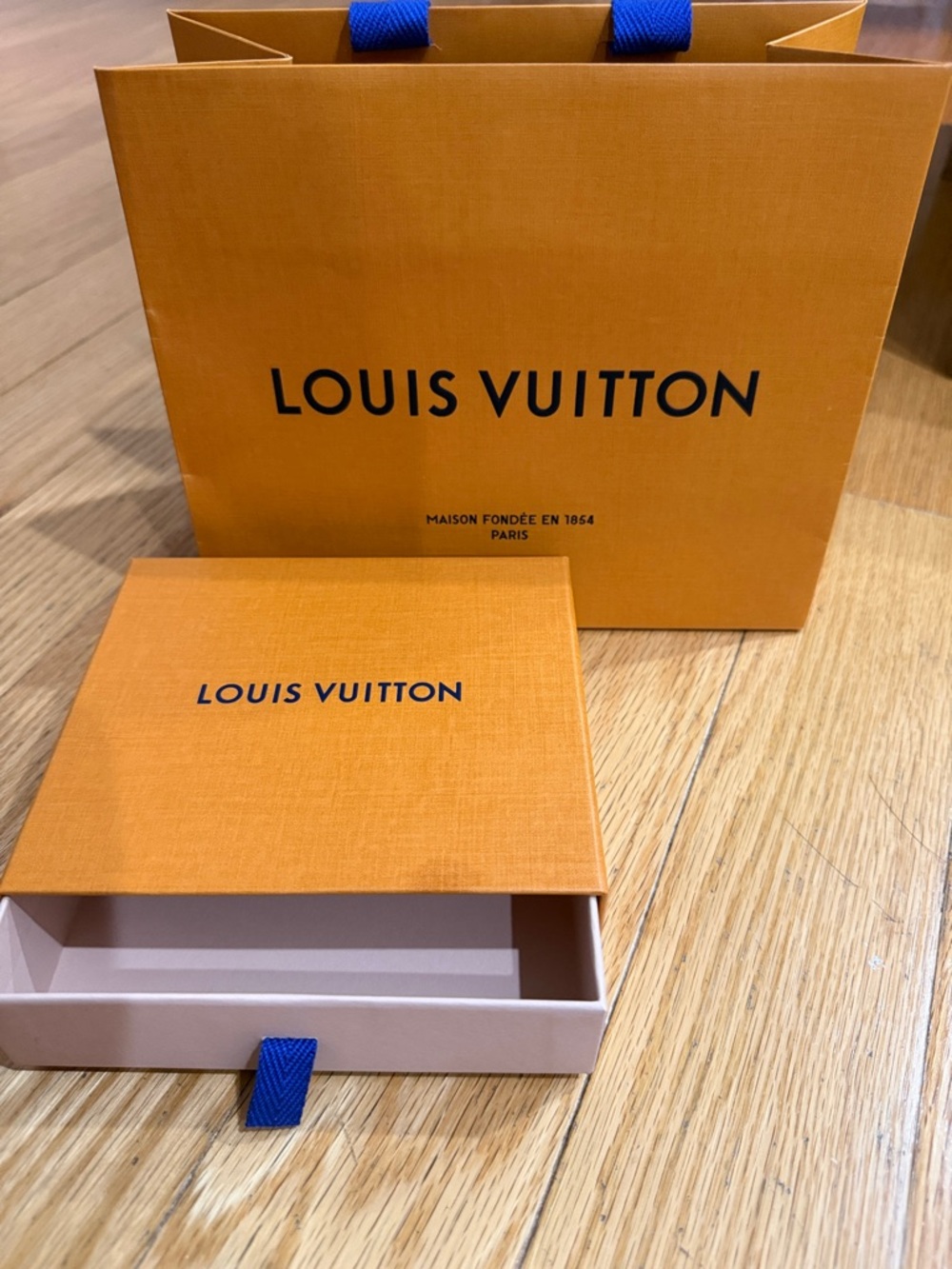 Louis Vuitton Orange Box for wallet and Blue-Trim Shopping Bag